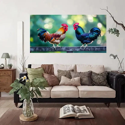 Two Vibrant Rooster Nature Wall Art Canvas Office Home Room Framed 120x60cm