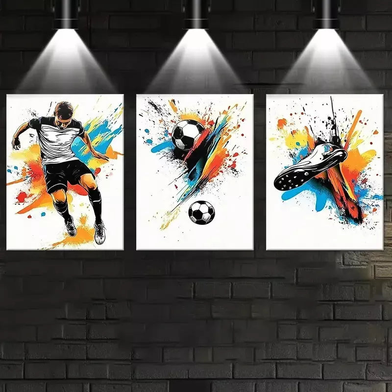 3pcs Colorful Watercolor Abstract Football Wall Art Set Canvas Framed 50x70cm - High Quality Print 100% Australian Made Wall Canvas Ready to Hang