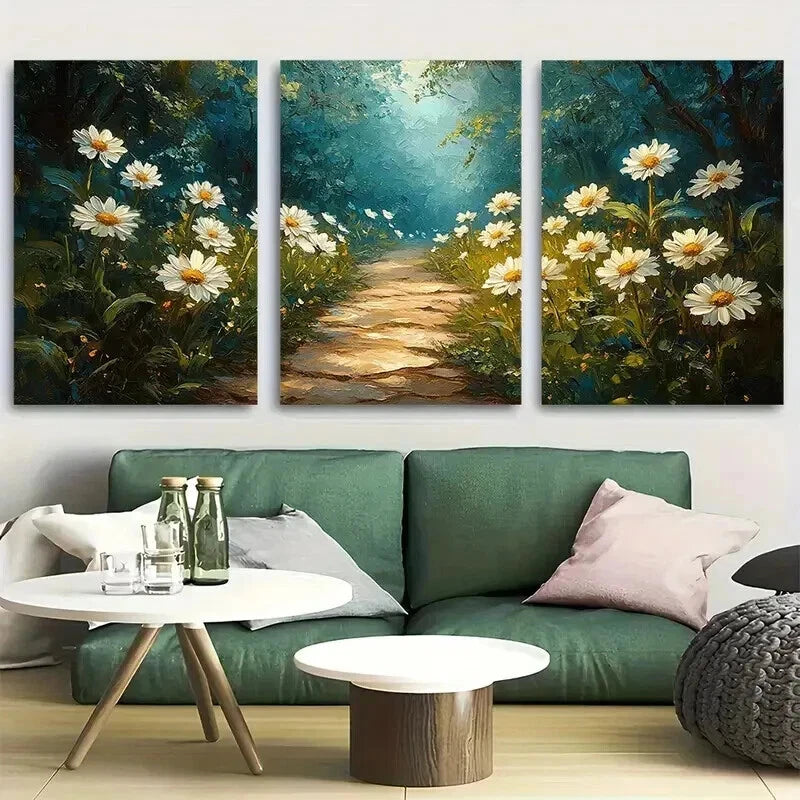 3pcs Serene Nature Scene White Daisies Perfect Wall Art Set Canvas Framed 60x90cm - High Quality Print 100% Australian Made Wall Canvas Ready to Hang - Bella Home Decor