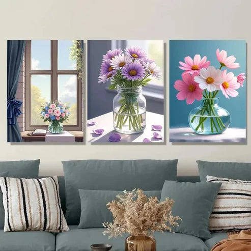 3pcs Floral Bouquet Vibrant Flowers in Vases Wall Art Set Canvas Unframed - High Quality Print 100% Australian Made Wall Canvas