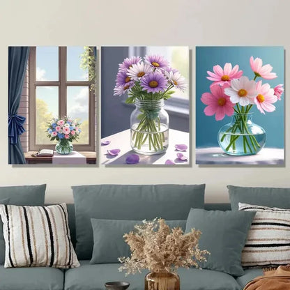 3pcs Floral Bouquet Vibrant Flowers in Vases Wall Art Set Canvas Unframed - High Quality Print 100% Australian Made Wall Canvas