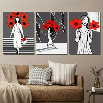 3pcs Abstract Black & Recd Flower Girl Wall Art Canvas Unframed - High Quality Print 100% Australian Made Wall Canvas - Bella Home Decor