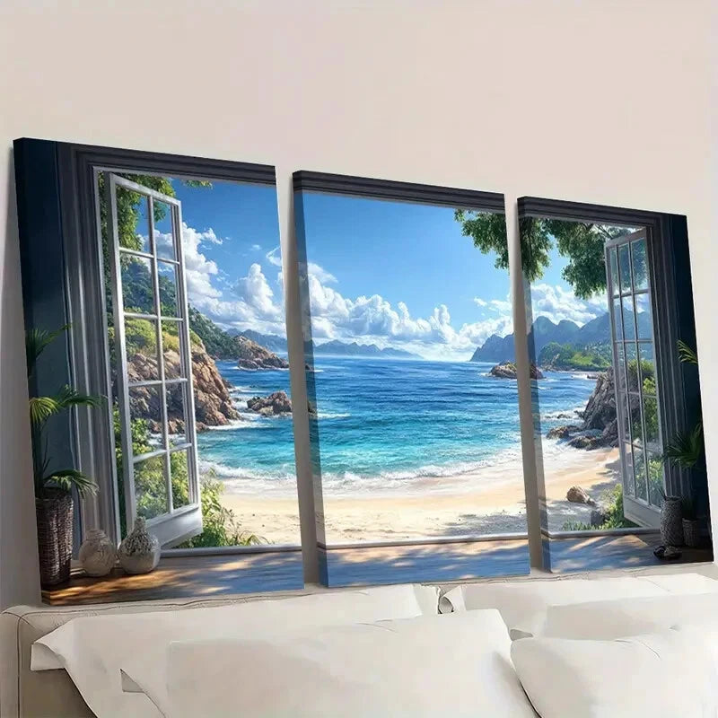 3pcs Seascape Tropical Beach Window View Wall Art Set Canvas Framed 60x90cm - High Quality Print 100% Australian Made Wall Canvas Ready to Hang - Bella Home Decor