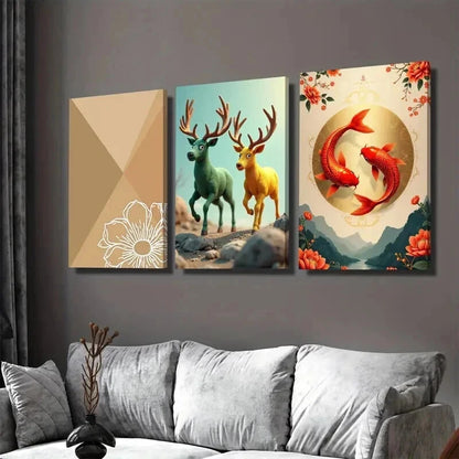 3pcs Chic Traditional Deer & Koi Fish Nature Wall Art Set Canvas Framed 50x70cm - High Quality Print 100% Australian Made Wall Canvas Ready to Hang