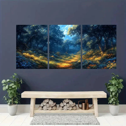 3pcs Mystical Blue and Golden Enchanted Forest Wall Art Set Canvas Framed 50x70cm - High Quality Print 100% Australian Made Wall Canvas Ready to Hang