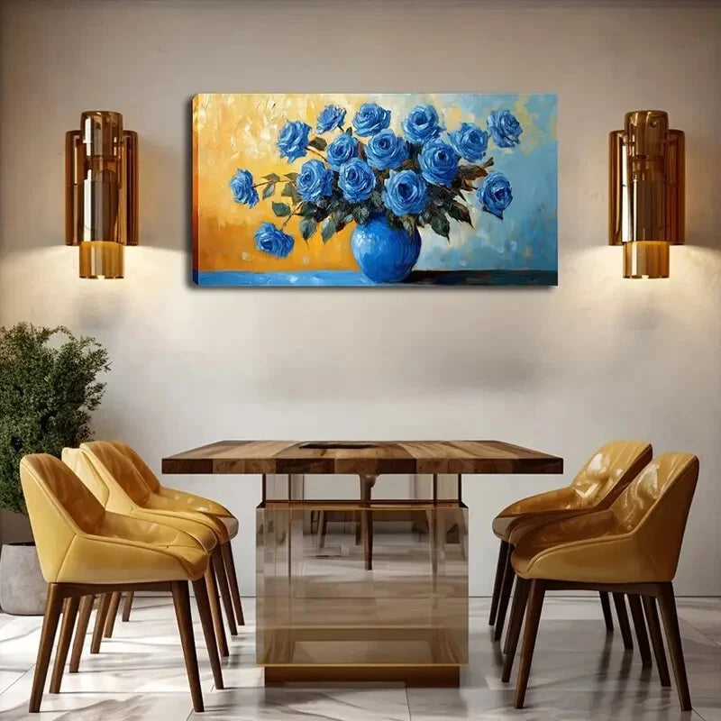 Vibrant Blue Roses In Vase Wall Art Canvas Office Home Room Framed 120x60cm - Bella Home Decor