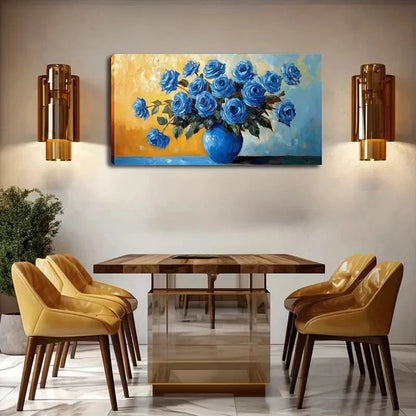 Vibrant Blue Roses In Vase Wall Art Canvas Office Home Room Framed 120x60cm - Bella Home Decor