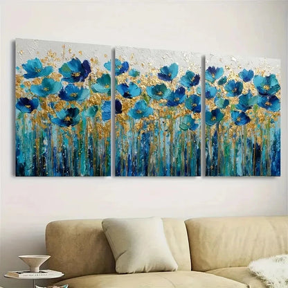 3pcs Color Floral Blue And Golden Tones Artwork Wall Art Set Canvas Framed 40x60cm - High Quality Print 100% Australian Made Wall Canvas Ready to Hang - Bella Home Decor