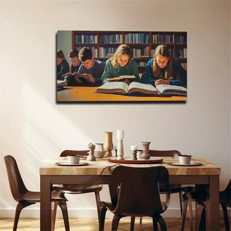 Library Scene With Students Wall Art Canvas Office Home Room Framed 120x60cm