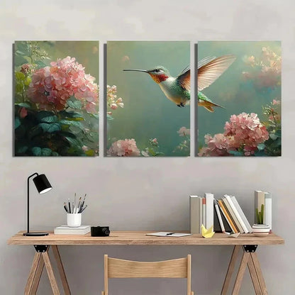 3pcs Vibrant Hummingbird & Hydrangea Perfect Wall Art Set Canvas Framed 50x70cm - High Quality Print 100% Australian Made Wall Canvas Ready to Hang