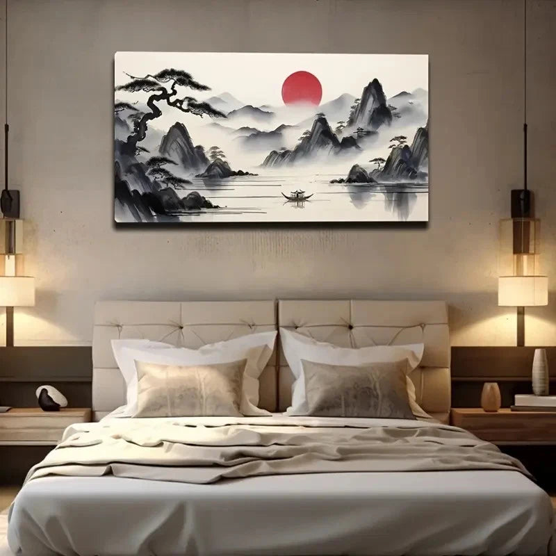 Elegant Ink Mountain & River Wall Art Canvas Office Home Room Framed 120x60cm