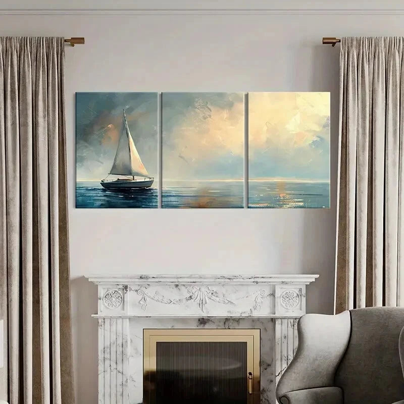 3pcs Serene Ocean Waves & Abstract Sky Art Metal Print Ready to Hang Art - Bella Home Decor
