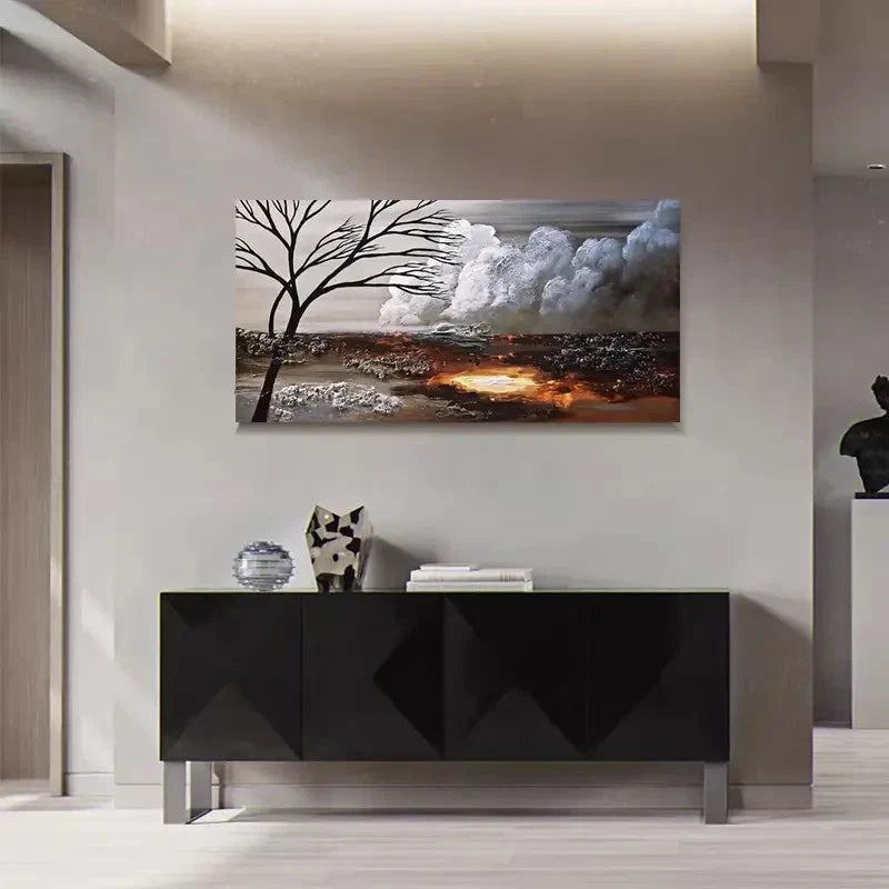 Stormy Sky Tree Abstract Gray Wall Art Canvas Office Home Room Framed 120x60cm
