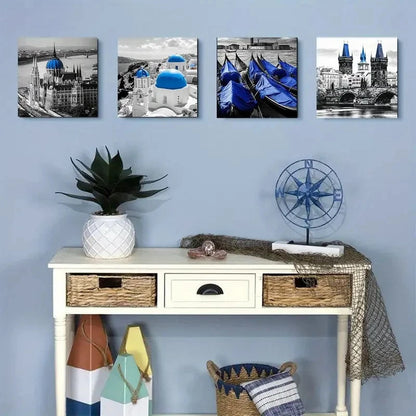 4pcs Black And Gray Beach Wall Art Canvas Framed