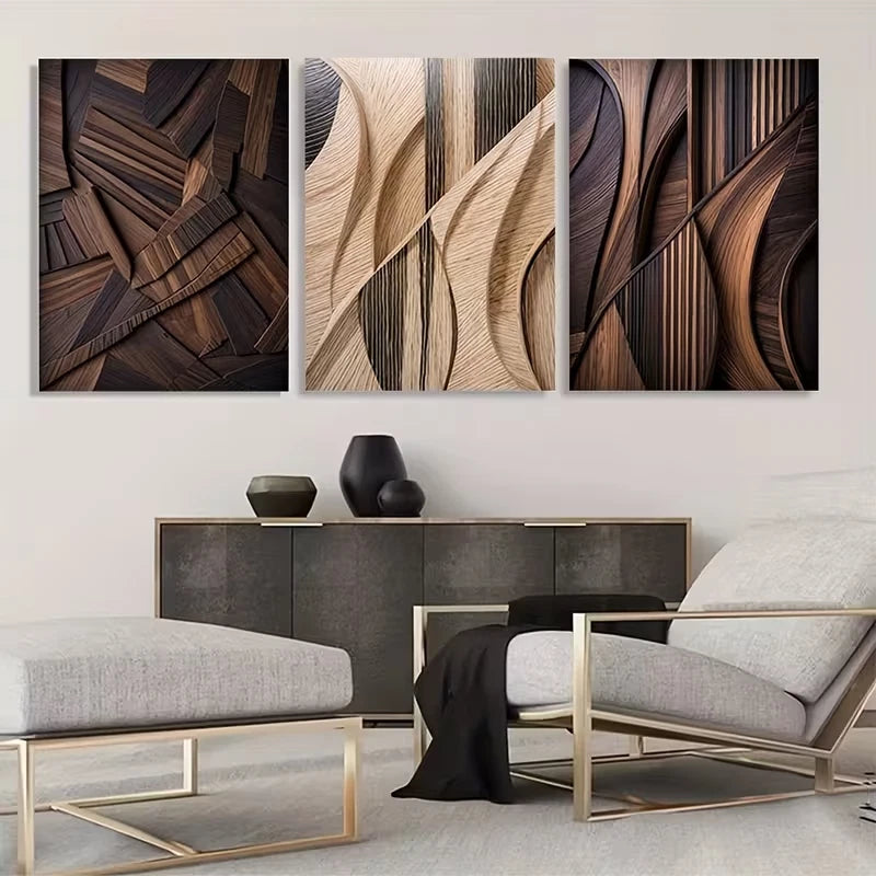 3pcs Brown and Cream Abstract Paintings  Wall Art Set Canvas Framed 60x90cm - High Quality Print 100% Australian Made Wall Canvas Ready to Hang - Bella Home Decor
