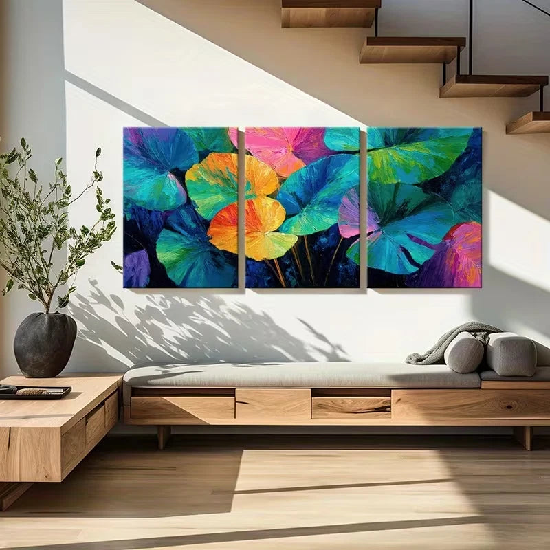 3pcs Colorful Lotus Leaves Abstract Design  Wall Art Set Canvas Framed 60x90cm - High Quality Print 100% Australian Made Wall Canvas Ready to Hang - Bella Home Decor