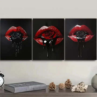 3pcs Red Lips & Rose Design Prints Metal Print Ready to Hang Art