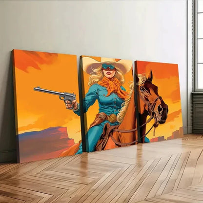 3pcs Vintage Art Cow Girl Style Brown Horse Lady Wall Art Set Canvas Unframed - High Quality Print 100% Australian Made Wall Canvas