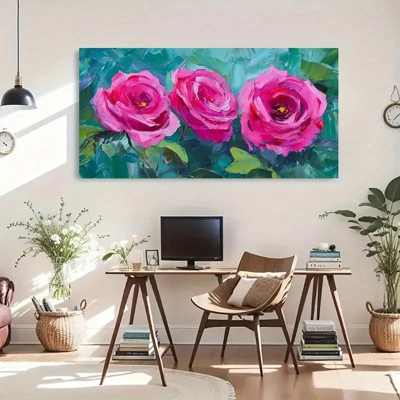 Vibrant Pink Roses Green Décor Wall Art Canvas Office Home Room Framed 120x60cm - Bella Home Decor