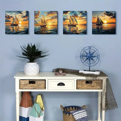 4pcs Modern Sailboat Sunset Wall Art Canvas Framed