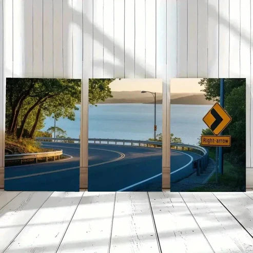 3pcs Blue Lake, Curved Road, Green Trees Wall Art Canvas Unframed - High Quality Print 100% Australian Made Wall Canvas - Bella Home Decor