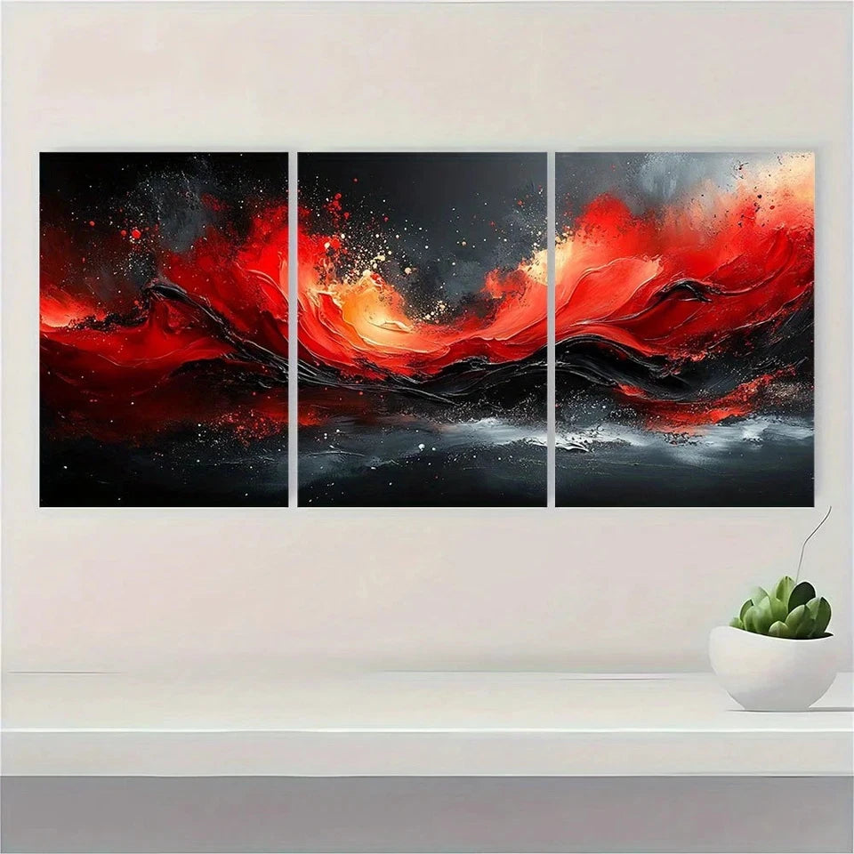 3pcs Modern Red Black Abstract Metal Print Ready to Hang Art - Bella Home Decor