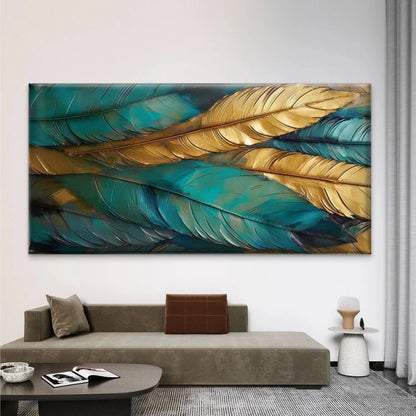 Golden Teal Turquoise Feather Wall Art Canvas Office Home Room Framed 120x60cm
