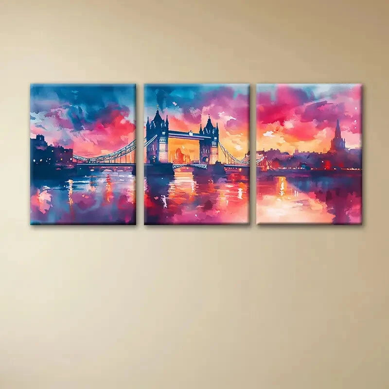 3pcs London Bridge Vibrant Sunset Metal Print Ready to Hang Art - Bella Home Decor