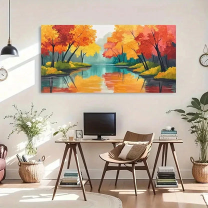 Autumn Reflection Vibrant River Wall Art Canvas Office Home Room Framed 120x60cm