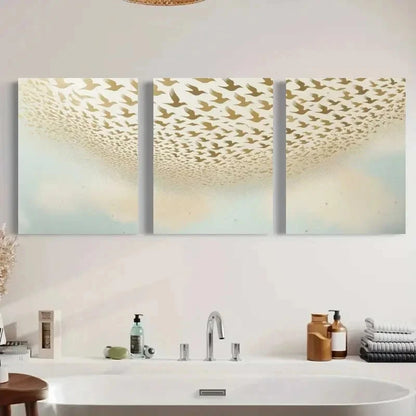3pcs Golden & White Flock Versatile Animal  Wall Art Set Canvas Framed 60x90cm - High Quality Print 100% Australian Made Wall Canvas Ready to Hang - Bella Home Decor