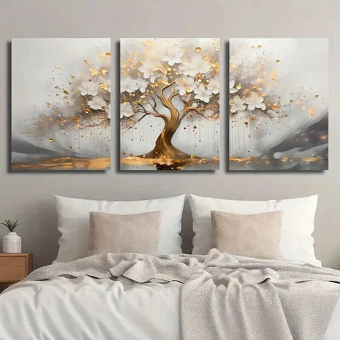3pcs Abstract Golden Tree with White Flowers Wall Art Set Canvas Unframed - High Quality Print 100% Australian Made Wall Canvas - Bella Home Decor