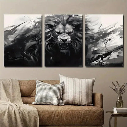 3pcs Black and White Monochrome Animal Lion Wall Art Set Canvas Unframed - High Quality Print 100% Australian Made Wall Canvas - Bella Home Decor