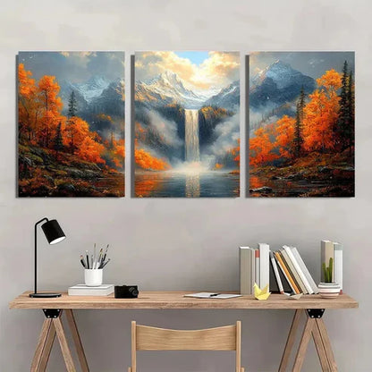 3pcs Autumn Waterfall Misty Mountain Wall Art Canvas Unframed - High Quality Print 100% Australian Made Wall Canvas - Bella Home Decor