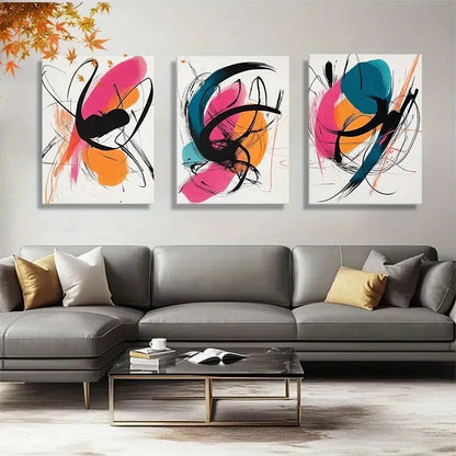 3pcs Colorful Abstract Orange Pink and Teal Metal Print Ready to Hang Art