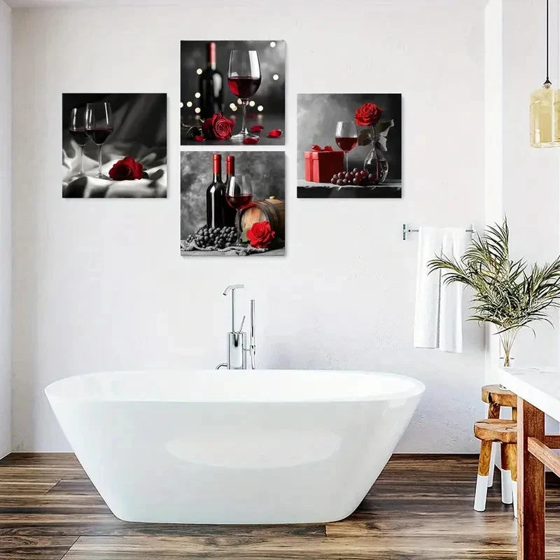 4pcs Dark Tones Paintings, Wine Bottle Wall Art Canvas Framed