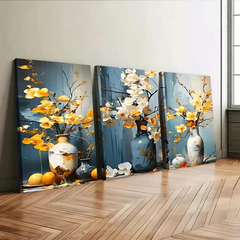 3pcs Floral Bonsai Elegant White & Yellow Florals Art Wall Art Set Canvas Unframed - High Quality Print 100% Australian Made Wall Canvas