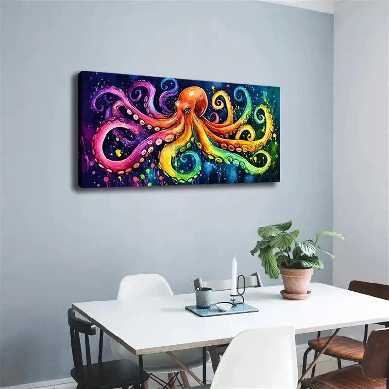 Rainbow Tones Octopus Modern Wall Art Canvas Office Home Room Framed 120x60cm - Bella Home Decor
