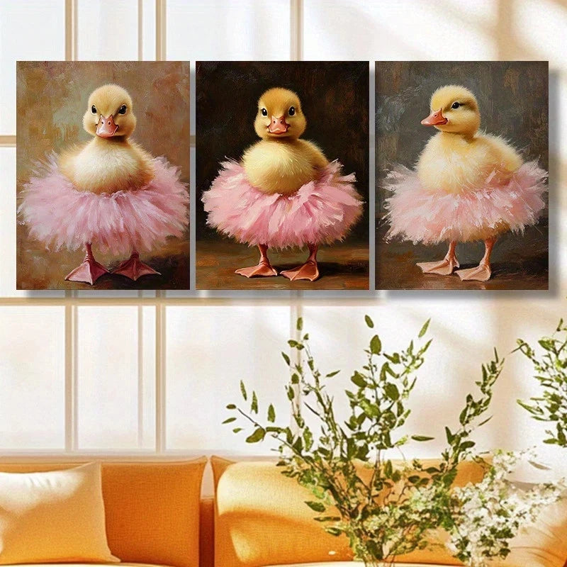 3pcs Adorable Duckling Playful Poses Metal Print Ready to Hang Art - Bella Home Decor