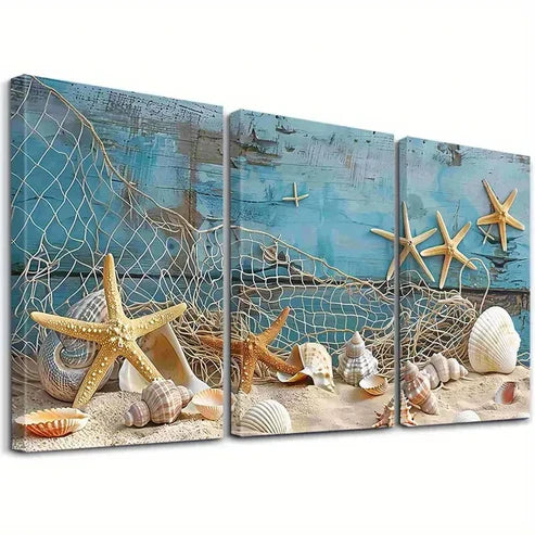 3pcs Modern Fishing Net Seashells Starfish Art Set Canvas Unframed - High Quality Print 100% Australian Made Wall Canvas