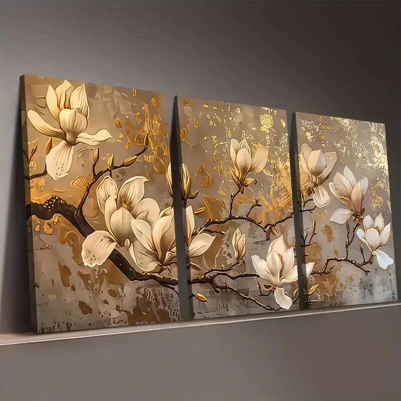 3pcs Abstract Golden Light Luxury Flower Wall Art Set Canvas Framed 60x90cm - High Quality Print 100% Australian Made Wall Canvas Ready to Hang - Bella Home Decor