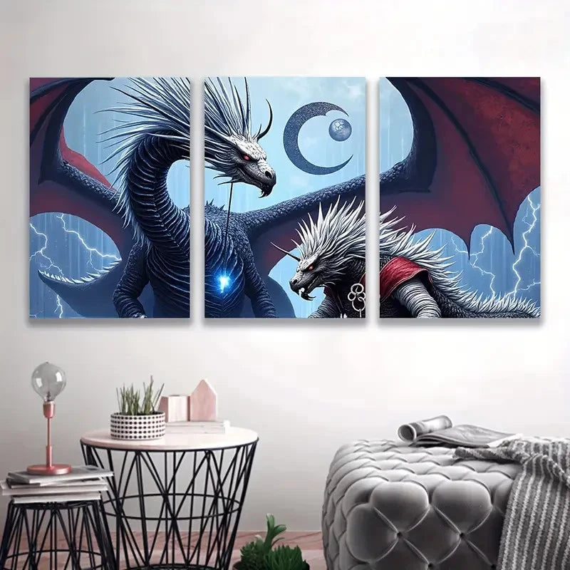 3pcs Clash Of The Two Mighty Dragons  Wal1l Art Set Canvas Framed 40x60cm - High Quality Print 100% Australian Made Wall Canvas Ready to Hang - Bella Home Decor