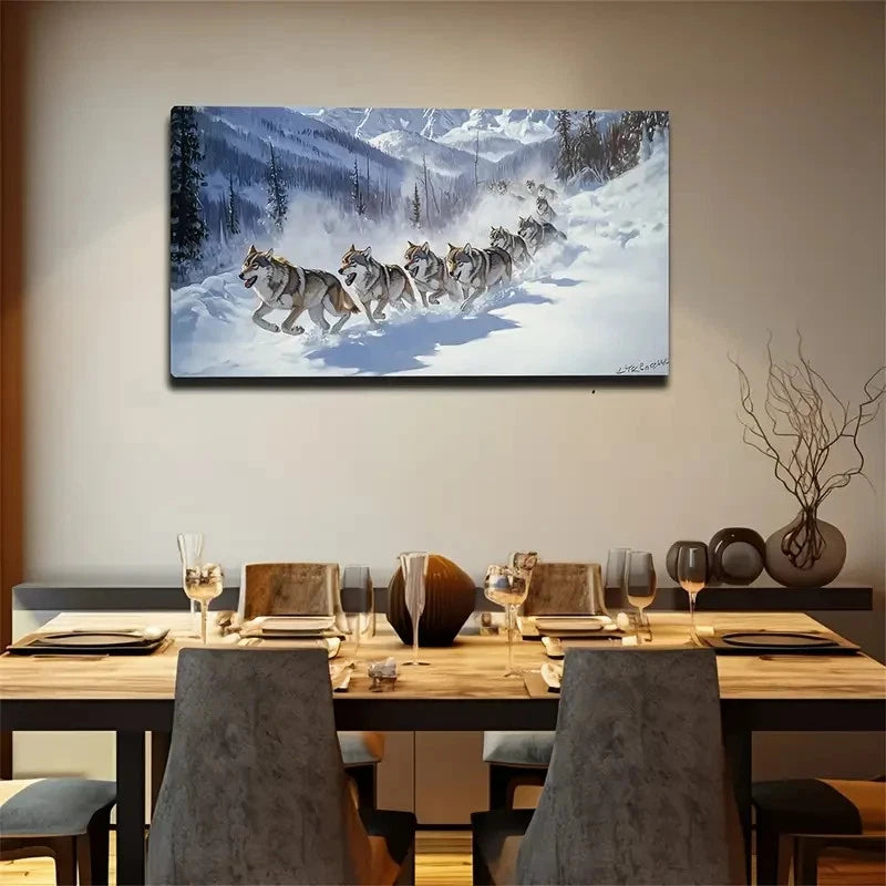 The Wolf Running On The Snow Wall Art Canvas Office Home Room Framed 120x60cm