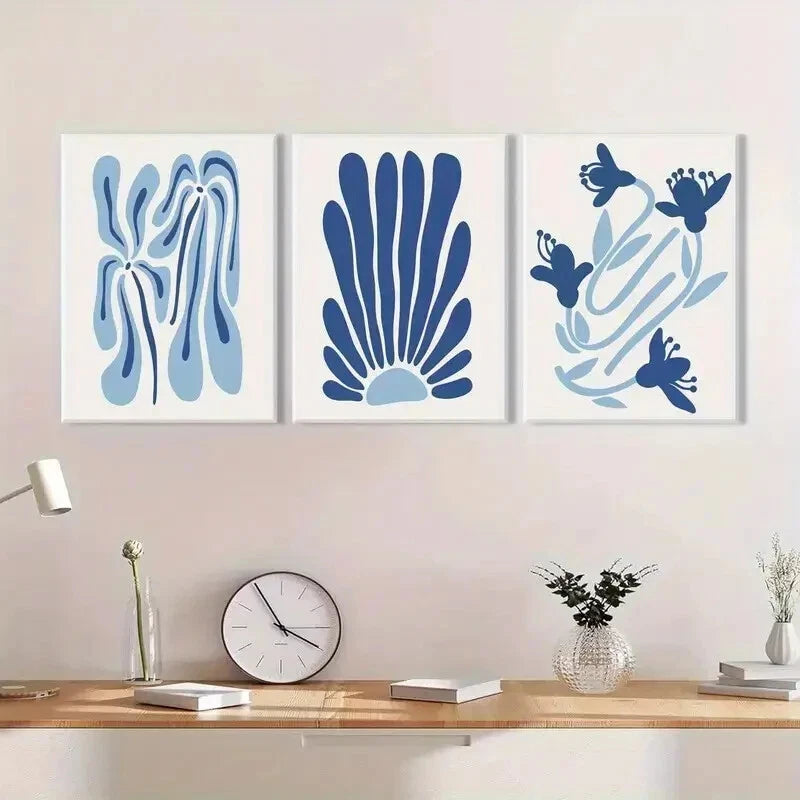 3pcs Blue Matisse Abstract Light Blue Floral Metal Print Ready to Hang Art - Bella Home Decor