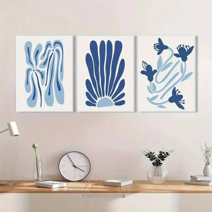 3pcs Blue Matisse Abstract Light Blue Floral Metal Print Ready to Hang Art - Bella Home Decor
