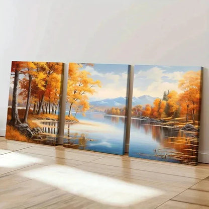 3pcs Autumn Forest Fallen Leaves Lake Mountains Wall Art Canvas Unframed - High Quality Print 100% Australian Made Wall Canvas - Bella Home Decor