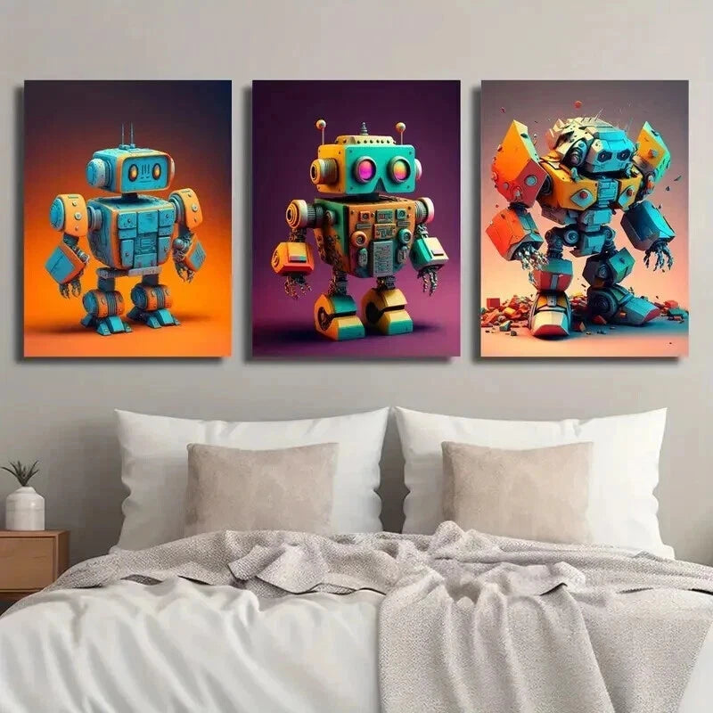 3pcs Blue & Orange Toy Robots Decor Wall Art Set Canvas Framed 50x70cm - High Quality Print 100% Australian Made Wall Canvas Ready to Hang