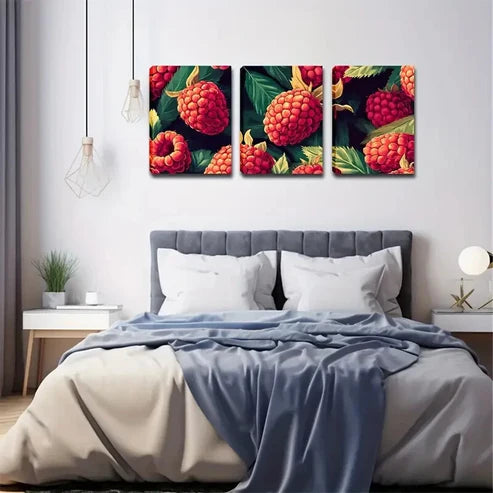 3pcs Raspberry Eco-Style Suitable Wall Art Set Canvas Unframed - High Quality Print 100% Australian Made Wall Canvas