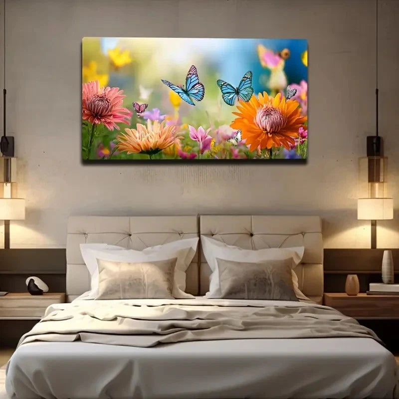 Vibrant Butterfly Chrysanthemum Wall Art Canvas Office Home Room Framed 120x60cm