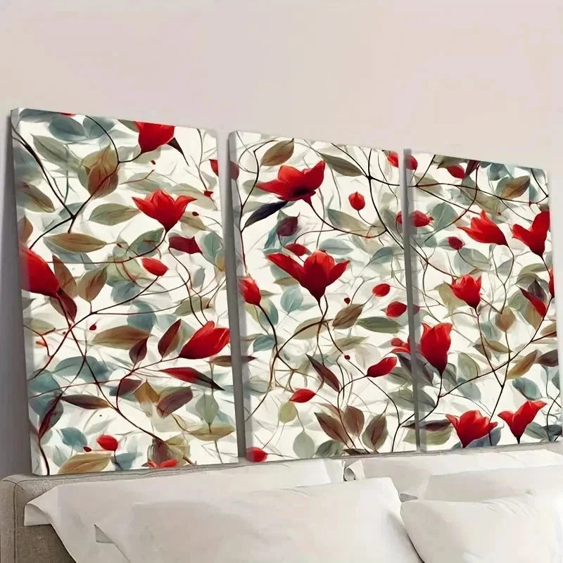 3pcs Botanical Red Flowers Pattern Wall Art Set Canvas Framed 40x60cm - High Quality Print 100% Australian Made Wall Canvas Ready to Hang - Bella Home Decor