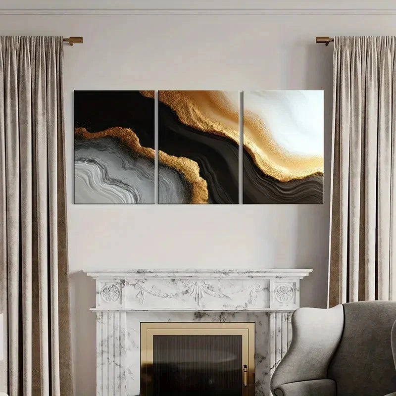 3pcs Golden Glitter Black White Gray Waves  Wall Art Set Canvas Framed 50x70cm - High Quality Print 100% Australian Made Wall Canvas Ready to Hang - Bella Home Decor